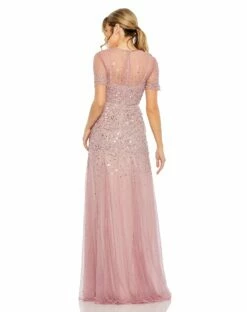 High Neck Short Sleeve Sequin Embellished Gown -Women's Skirt 93909 ROW 2 WS