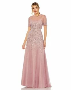 High Neck Short Sleeve Sequin Embellished Gown -Women's Skirt 93909 ROW Default 1 WS