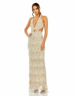 Open Back Cut Out Fringe Embellished Gown -Women's Skirt 93956 NUD Default 1 WS