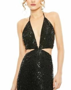 Cut Out Halter Tie Back Sequin Gown -Women's Skirt 93977 BLK 3 WS
