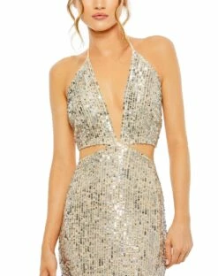 Cut Out Halter Tie Back Sequin Gown -Women's Skirt 93977 NUS 3 WS