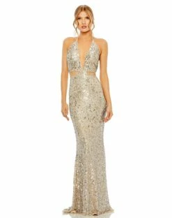 Cut Out Halter Tie Back Sequin Gown -Women's Skirt 93977 NUS Default 1 WS