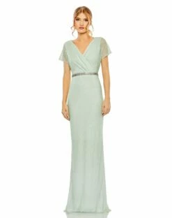 Short Sleeve Beaded V-Neck Gown