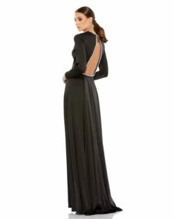 Long Sleeve Jewel Trimmed Charmeuse Gown -Women's Skirt FIXED 26524 Black Silver BK