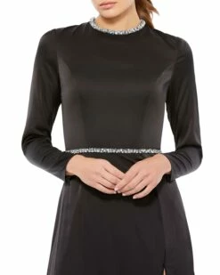 Long Sleeve Jewel Trimmed Charmeuse Gown -Women's Skirt FIXED 26524 Black Silver CL