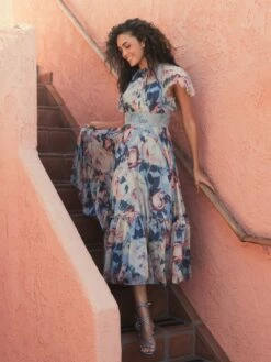 Floral Chiffon High Neck Flutter Sleeve Dress -Women's Skirt lifestyle 11400 bluemulti 1