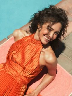 Pleated Sleeveless Halter Gown -Women's Skirt lifestyle 26992 Sunset 3