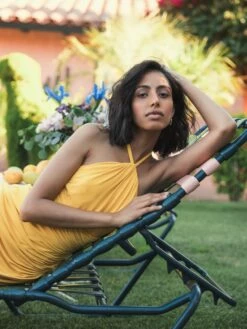 Halter Neck Rouched Side Front Slit Gown -Women's Skirt lifestyle 27122 marigold 3