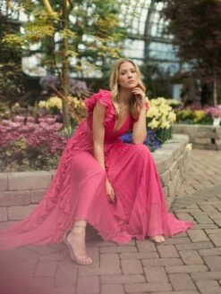 Pleated Ruffle Cap Sleeve Flowy A Line Gown -Women's Skirt lifestyle 49539 fuchsia 1