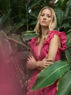 Pleated Ruffle Cap Sleeve Flowy A Line Gown -Women's Skirt lifestyle 49539 fuchsia 3