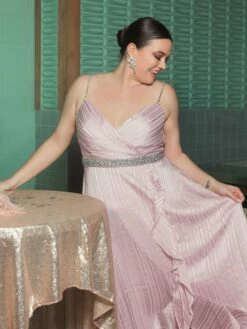 Rhinestone Belt Faux Wrap Ruffle Tulip Hem Gown (Plus) -Women's Skirt lifestyle 49579 rose 1