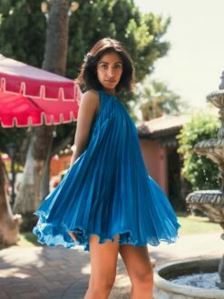 Pleated Halter Neck Flowy Mini Trapeze Dress -Women's Skirt lifestyle 49636 ocean 1