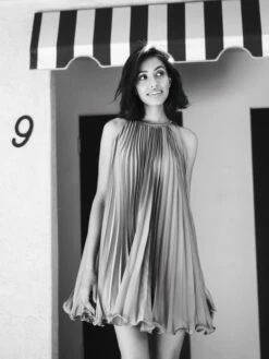 Pleated Halter Neck Flowy Mini Trapeze Dress -Women's Skirt lifestyle 49636 ocean 2