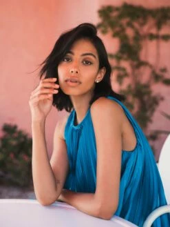 Pleated Halter Neck Flowy Mini Trapeze Dress -Women's Skirt lifestyle 49636 ocean 3