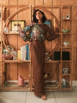 Embellished Multi Color Floral High Neck Gown 24 Embellished Multi Color Floral High Neck Gown -Women's Skirt lifestyle 5615 mocha 1