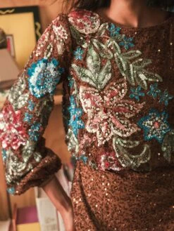 Embellished Multi Color Floral High Neck Gown 26 Embellished Multi Color Floral High Neck Gown -Women's Skirt lifestyle 5615 mocha 3