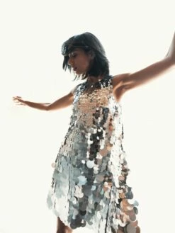 Sleeveless Disc Sequin Trapeze Mini Dress -Women's Skirt lifestyle 5961 silver 1