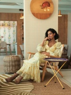 Floral Print Chiffon Illusion Tiered Puff Dress -Women's Skirt lifestyle 68246 yellowmulti 1