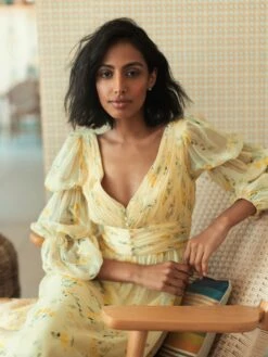 Floral Print Chiffon Illusion Tiered Puff Dress -Women's Skirt lifestyle 68246 yellowmulti 3