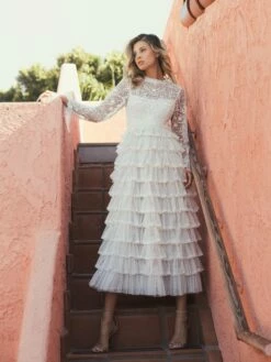 Embroidered Long Sleeve Ruffled Tiered Dress -Women's Skirt lifestyle 8003 pearl 1