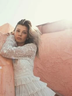 Embroidered Long Sleeve Ruffled Tiered Dress -Women's Skirt lifestyle 8003 pearl 2