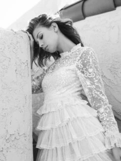 Embroidered Long Sleeve Ruffled Tiered Dress -Women's Skirt lifestyle 8003 pearl 3