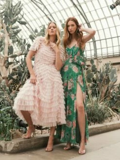 Floral Print Ruffled Wrap Over A Line Gown -Women's Skirt lifestyle 9175 green 3