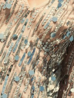 Long Sleeve Beaded Fringe Plunge Neck Dress -Women's Skirt lifestyle 93850 nudesilver 3